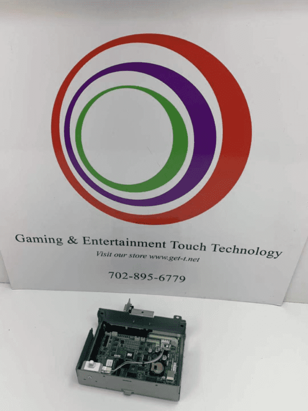 A black Aruze Power Distribution Board P509021-0202YA. GETT Part PCB106 with a colorful circle on the side.