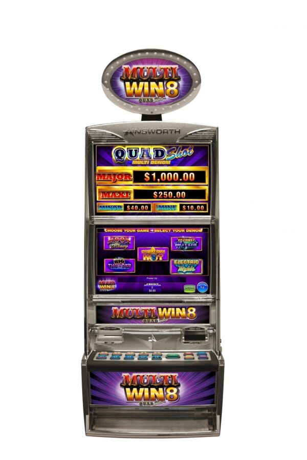 A slot machine with a purple and purple background.