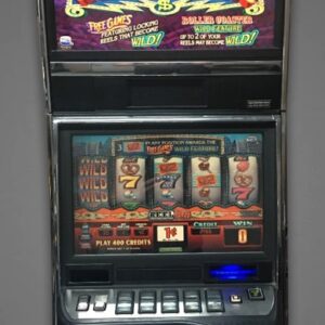A slot machine with a colorful screen.