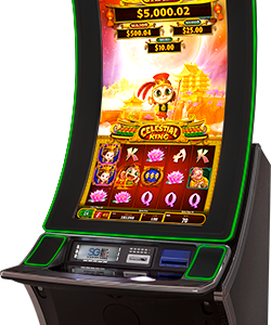 A slot machine with a green screen.