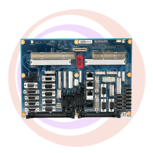 A Backplane Board for Konami Advantage 5 game with a number of components on it.