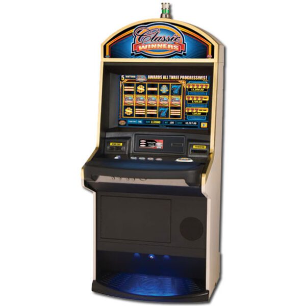 A slot machine with a screen.