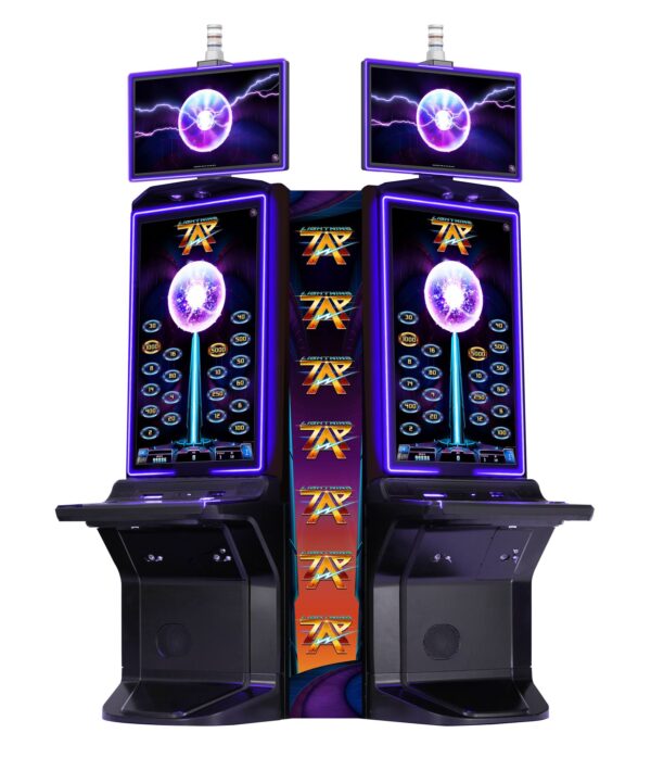 Two slot machines with purple lights on them.