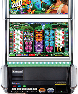 A slot machine with a tropical theme.