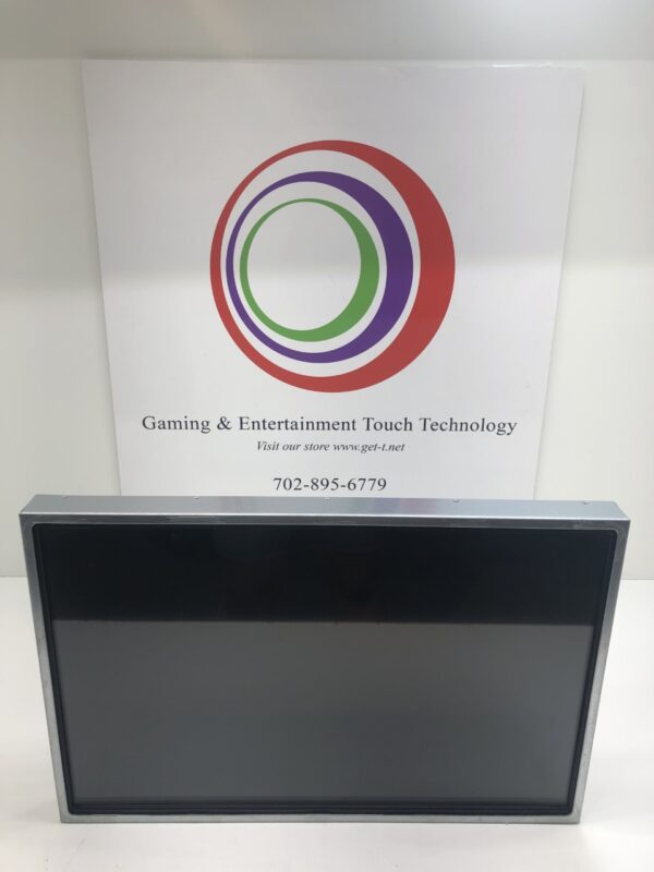 An Wells Gardner 22" LCD Touch Monitor with a gaming and entertainment technology logo on it. Pre-owned, tested/ cleaned. Refurbished part. 90 day warranty. Wells Gardner Part WGF2298-TSAM89H. GETT Part LCDM228