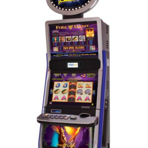 A slot machine with a purple and blue background.
