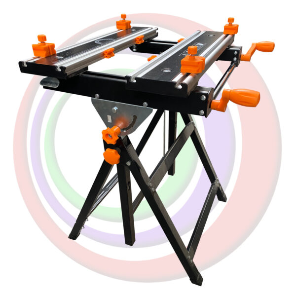 The Touch Sensor Cutter Bench Tool, WEN WB2322 24-Inch Height Adjustable Tilting Steel Portable Work Bench and Vise with 8 Sliding Clamps, is a black and orange workbench with two orange handles.