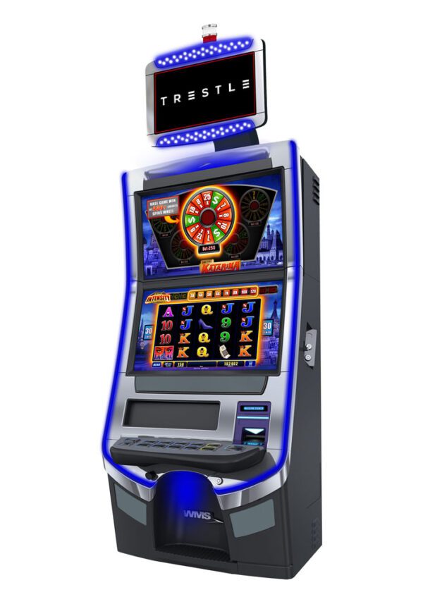 A slot machine with a blue light on it.