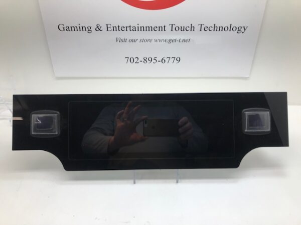 A picture of a IGT Crystal Core Touch Panel, Black, Dual Button, P/N: 9375-00704-106B. GETT Part 3281 with a gaming and entertainment technology logo on it.