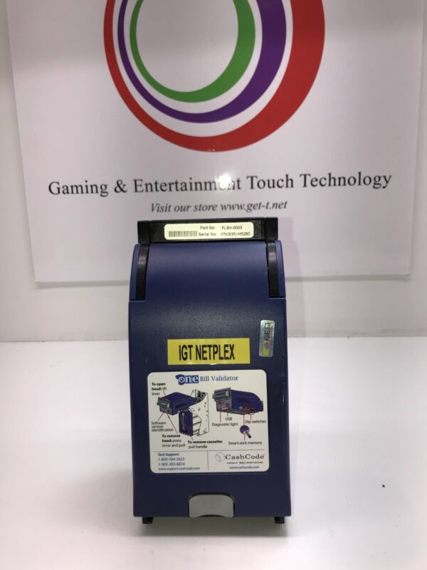 A blue Cash Code Bill Validator for IGT/ Netplex machine with the words gaming and international touch technology on it.