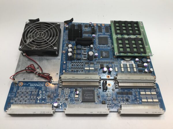 A Konami Advantage 5 CPU board with a fan attached to it.