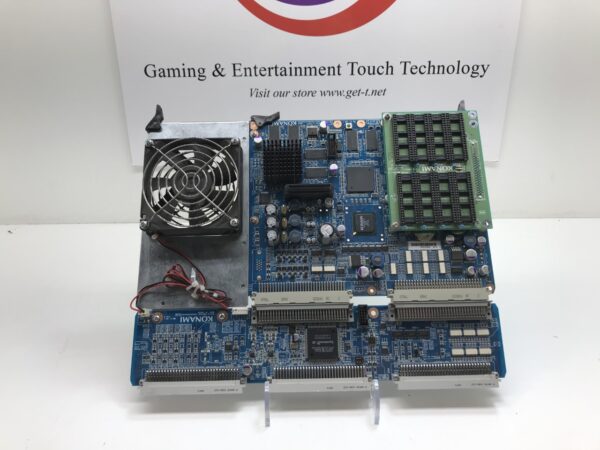 A Konami Advantage 5 CPU, a refurbished part, Konami Part 7603538A, GETT Part CPU173 board with a fan on it.
