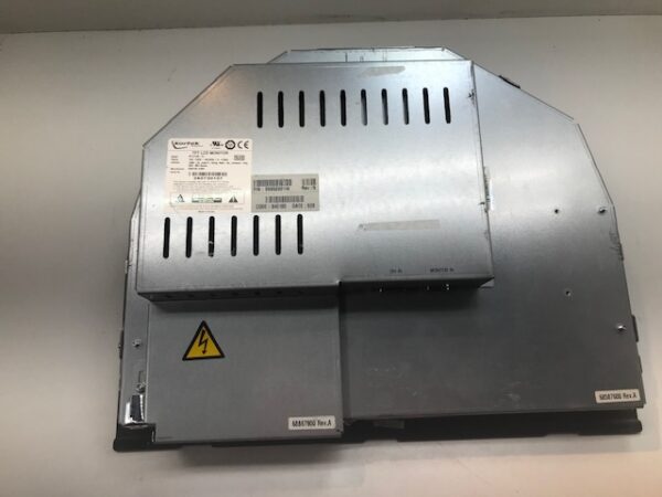 A metal box with a warning sign on the IGT AVP and G20 Upright Monitor for Top Box, Monitor in rounded frame. Rare part. Kortek Part KTL218S-01. Monitor with glass, no Touch. GETT part LCDM247