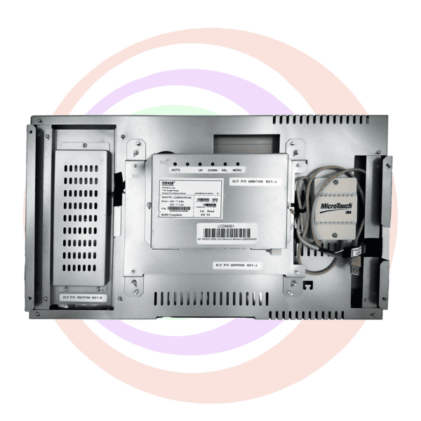 LCD monitor back panel with labels and cables.