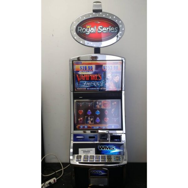 A slot machine with the royal series logo on it.