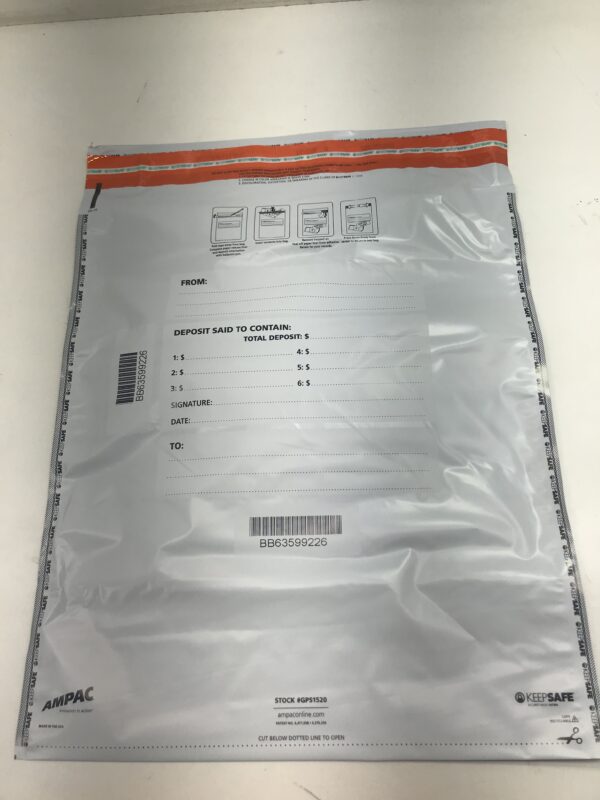 A clear plastic Bag Serial Part GPS1520. 15 "w x 20"L, White, Tamper Evident High Security "VOID" Closure, Pouch Weld Side Seams, Sequentially Numbered With Matching Number Tear-Off Receipt. GETT Part Bag103 with a label on it.