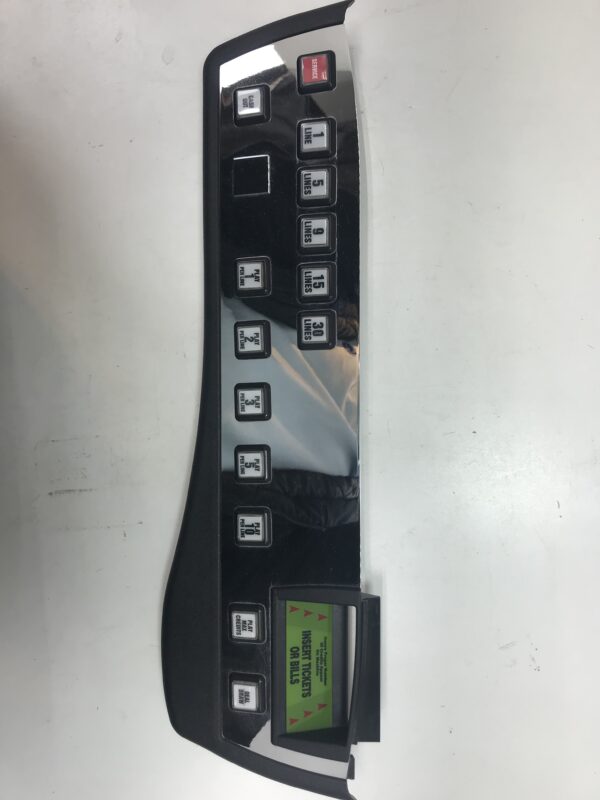 A black and white IGT Trim Line Plastic Push Button Deck, with Metal and Harness, with an lcd screen.