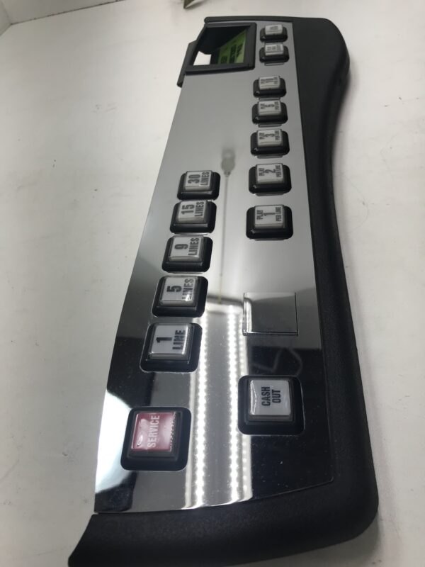 A black and silver IGT Trim Line Plastic Push Button Deck, with Metal and Harness keyboard with buttons on it.