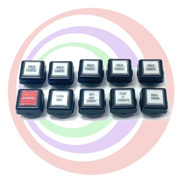 A set of New Button Kit- Fits IGT Game King and I960 games. Small Square Push Button Set (10pcs) with different words on them.