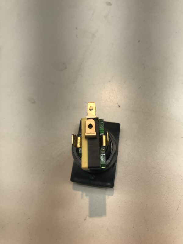 A Rectangle Push Button With Micro Cherry switch With Lamp Standard black ABS bezel Industrias Lorenzo IPB RCT/E Ref #A01191784236600, Part 080-22-A19902-01, GETT Part BTN145 on top of a table.