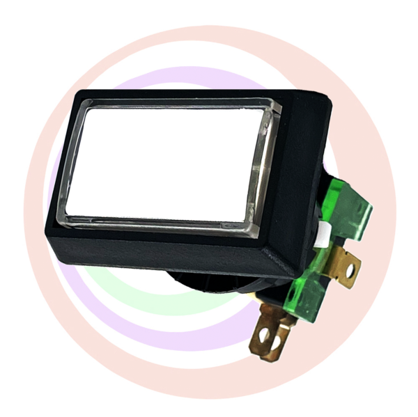 A black and green Rectangle Push Button With Micro Cherry switch With Lamp Standard black ABS bezel Industrias Lorenzo IPB RCT/E Ref #A01191784236600 light switch with a white screen.