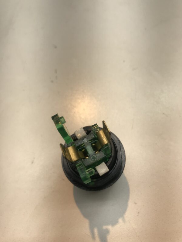 A Small OEM/ VLT Button. Part D54-0004-21. White Small Round IPB w/ .250 Microswitch #161. GETT Part BTN146 on a table.