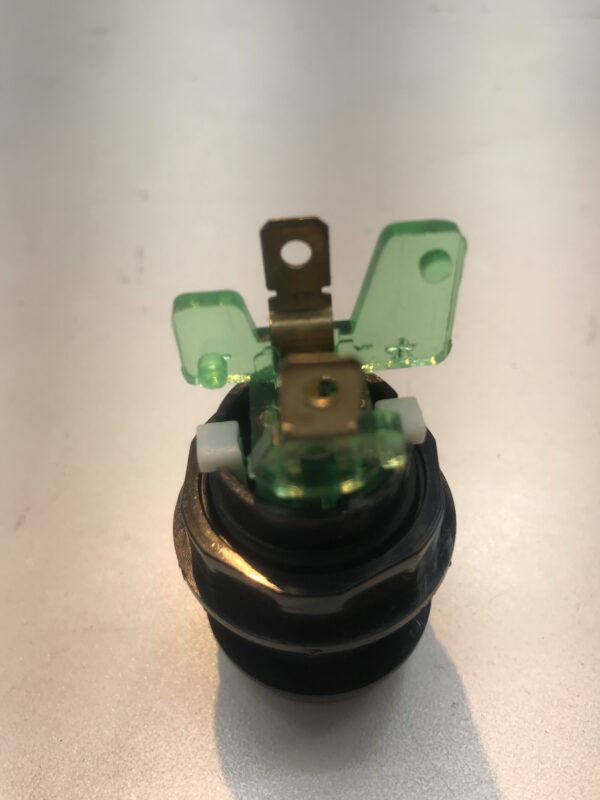 A Small OEM/ VLT Button. Part D54-0004-21. White Small Round IPB w/ .250 Microswitch #161 GETT Part BTN146 on a table.