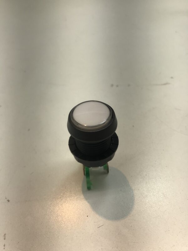 A Small OEM/ VLT Button. Part D54-0004-21. White Small Round IPB w/ .250 Microswitch #161, on a table. GETT Part BTN146.