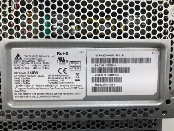 An IGT Crystal Core Power Supply, 440W, IGT Part 40014000W, Eurasia CP-8444. GETT Part PSUP190 with a label on it.