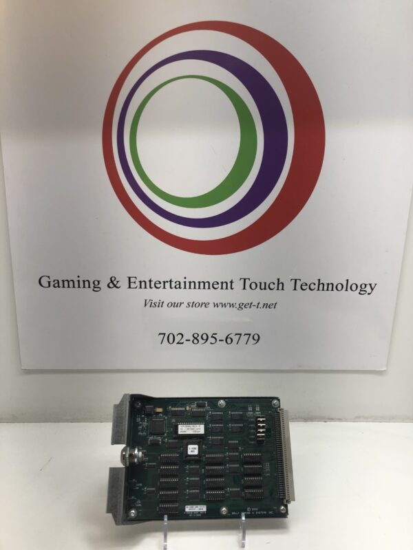 A Bally Alpha S9000 Slot Machine RCU Reel Control Unit Assembly Board in front of a sign. GETT Part RCU100.