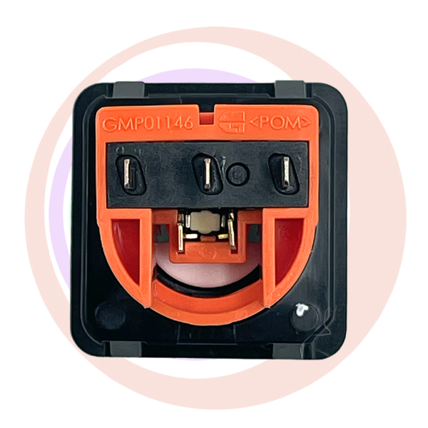 An GPB1115 Gamesman Button Small orange z-switch and black switch on a circular background.