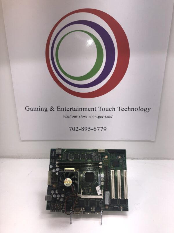 An Atronic E-Motion MPU motherboard in front of a sign.
