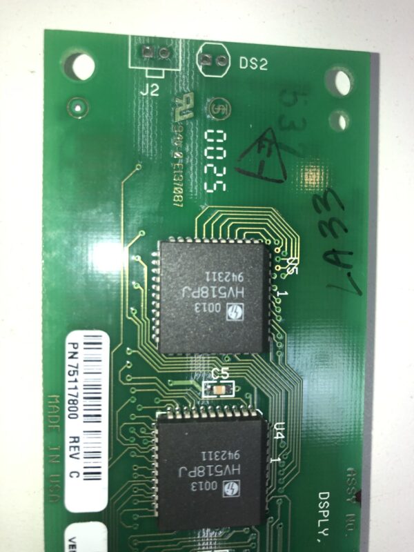 A green IGT TrimLine VFD (Vacuum Formed Display) unit. LED Dot-Matrix display. IGT Part 75117800. Refurbished Part with a chip on it.
