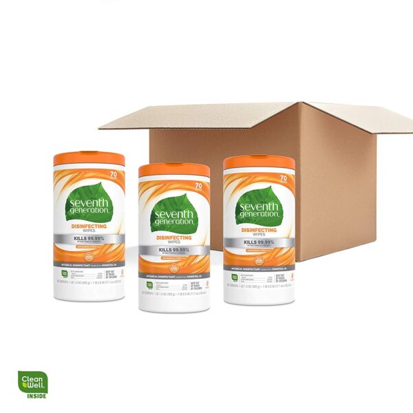 Three boxes of Seventh Generation Disinfecting Multi-Surface Wipes, Lemongrass Citrus, 70 Count in a cardboard box.