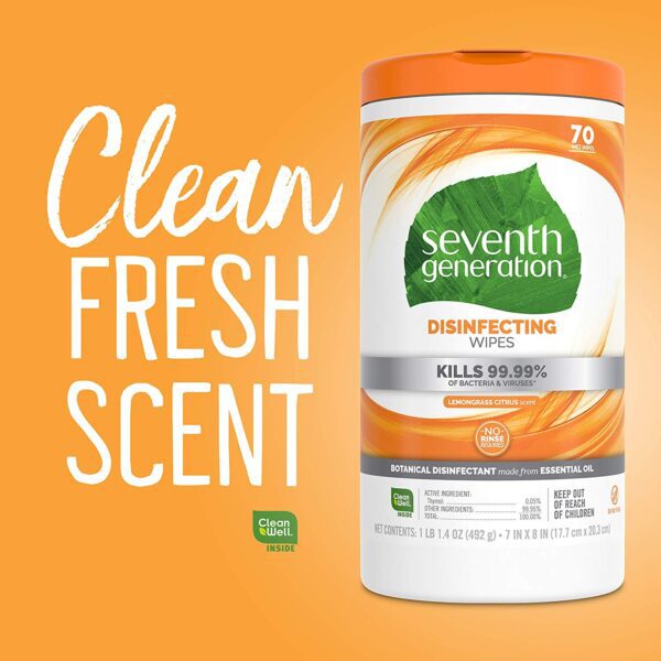 CURRENTLY OUT OF STOCK- CHECK BACK OR EMAIL TRENT@GET-T.NET to get on wait list. Seventh Generation Disinfecting Multi-Surface Wipes, Lemongrass Citrus, 70 Count clean fresh scent.