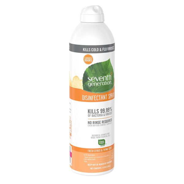 A spray bottle of CURRENTLY OUT OF STOCK- CHECK BACK OR EMAIL TRENT@GET-T.NET to get on wait list.   Seventh Generation Disinfectant Spray, Fresh Citrus & Thyme, 13.9 Ounce. GETT Part Cleaner111 with a white background.