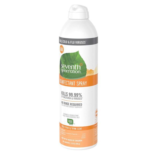 A bottle of SEVENTH GENERATION DISINFECTANT SPRAY, Fresh Citrus & Thyme, 13.9 Ounce. GETT Part Cleaner111.