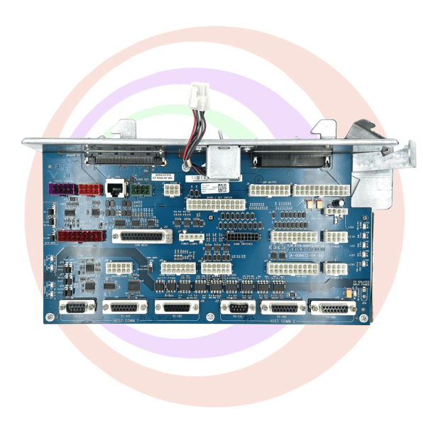 Blue circuit board with various connectors.