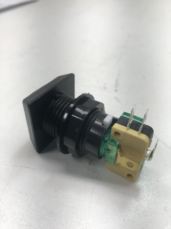 A black and green 1.5 inch White Small Square IPB Lamp with .250 Microswitch #161 Part # D54-0004-41 GETT Part BTN147 on a white surface.