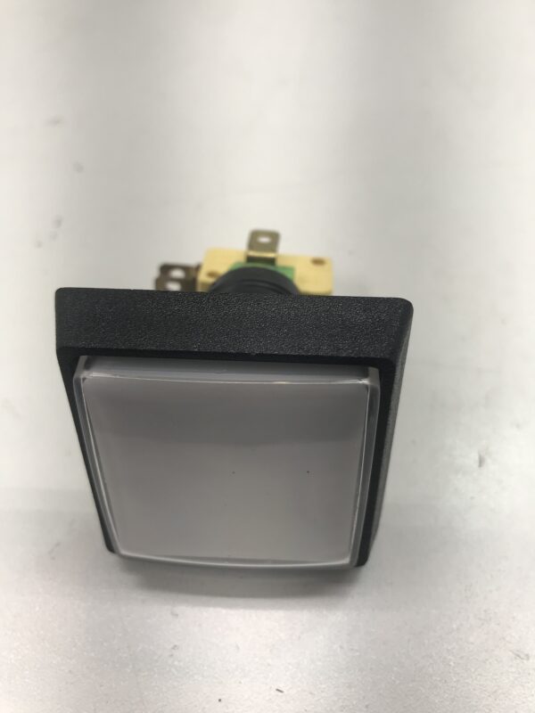 A 1.5 inch White Small Square IPB Lamp w/ .250 Microswitch #161 Part # D54-0004-41. GETT Part BTN147 on a white surface.