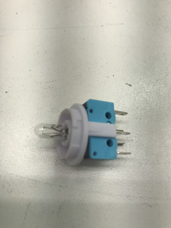 A small Button Lamp holder, fuse and lamp assembly with a light blue switch on a white surface.