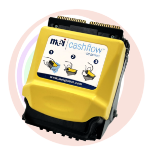 A yellow MEI Cashflow Bill Validator, Head Only machine with the words mes-cashflow on it.