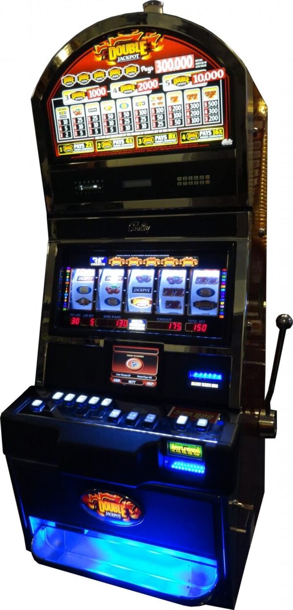 A slot machine with blue lights on it.