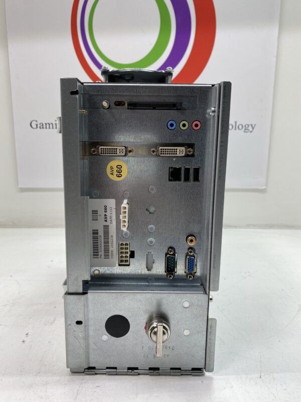 A small IGT AVP 3.0 660 CPU, TURION 2.1 GHZ, 2GB RAM, Complete, 50066000W. GETT Part CPU168 metal box with a logo on it.