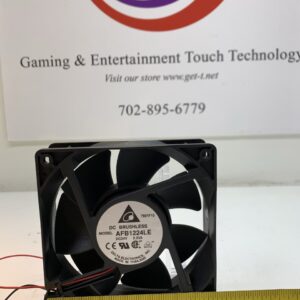 A Cooling Fan- Delta Brand- Part # AFB1224LE, Brushless Fan. 24V x .23A, 2 Wire. GETT Part Fan141 with a ruler in front of it.