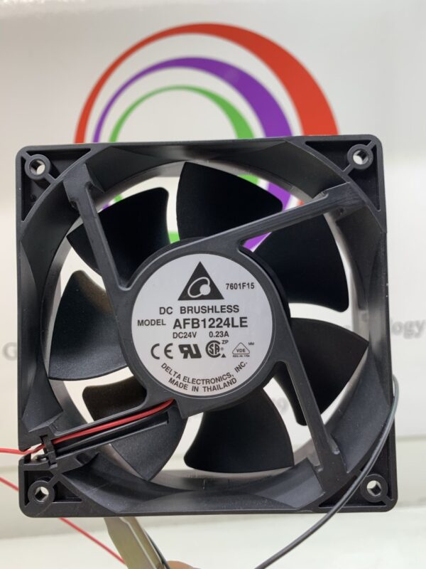 A Cooling Fan- Delta Brand- Part # AFB1224LE, Brushless Fan. 24V x .23A, 2 Wire. GETT Part Fan141 with a wire attached to it.