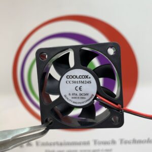 A small Cooling Fan with a wire attached to it. CoolCox Brand- Part # CC5015M24S. 24v x .07A. 2-Wire, no connector plug/ wire only. GETT Part Fan153
