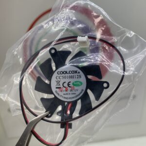 A Cooling Fan in a plastic bag. CoolCox Brand- Part # CC5010H12S, Frameless, 12v x .17A, 2 Wire, 50 x 50 x 10. NEW. GETT Part Fan161.