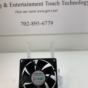 A COOLCOX brand Cooling Fan- COOLCOX brand- 12V .18A Part # CC8025H12SH 2 WIRE NO CONNECTOR. GETT Part Fan100 with a logo on it.