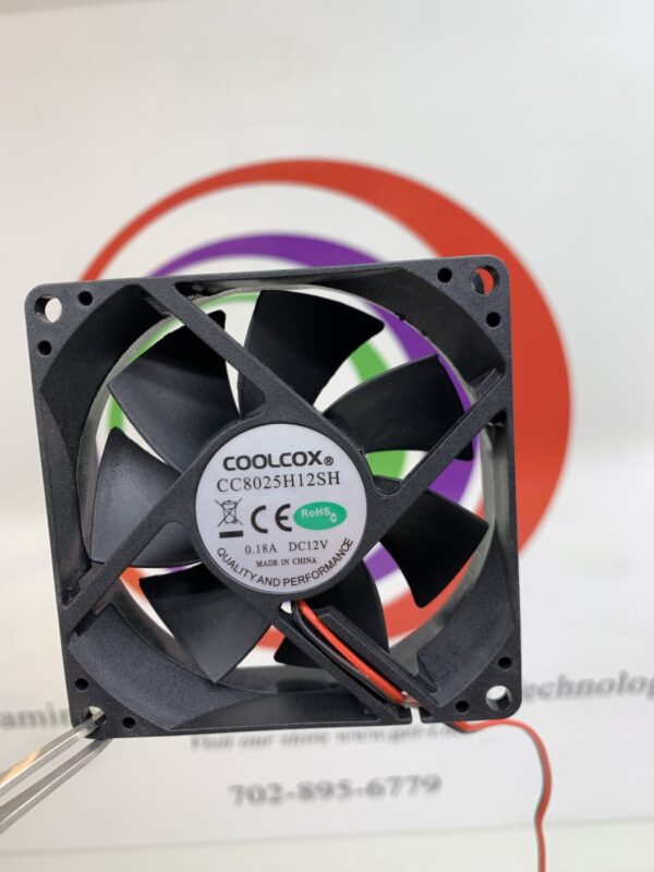 A COOLCOX brand Cooling Fan- COOLCOX brand- 12V .18A Part # CC8025H12SH 2 WIRE NO CONNECTOR GETT Part Fan100 with a wire attached to it.